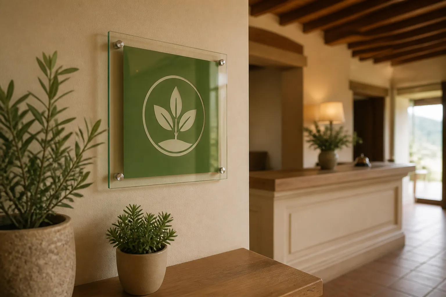 Green certificate displayed at the reception of a sustainable hotel