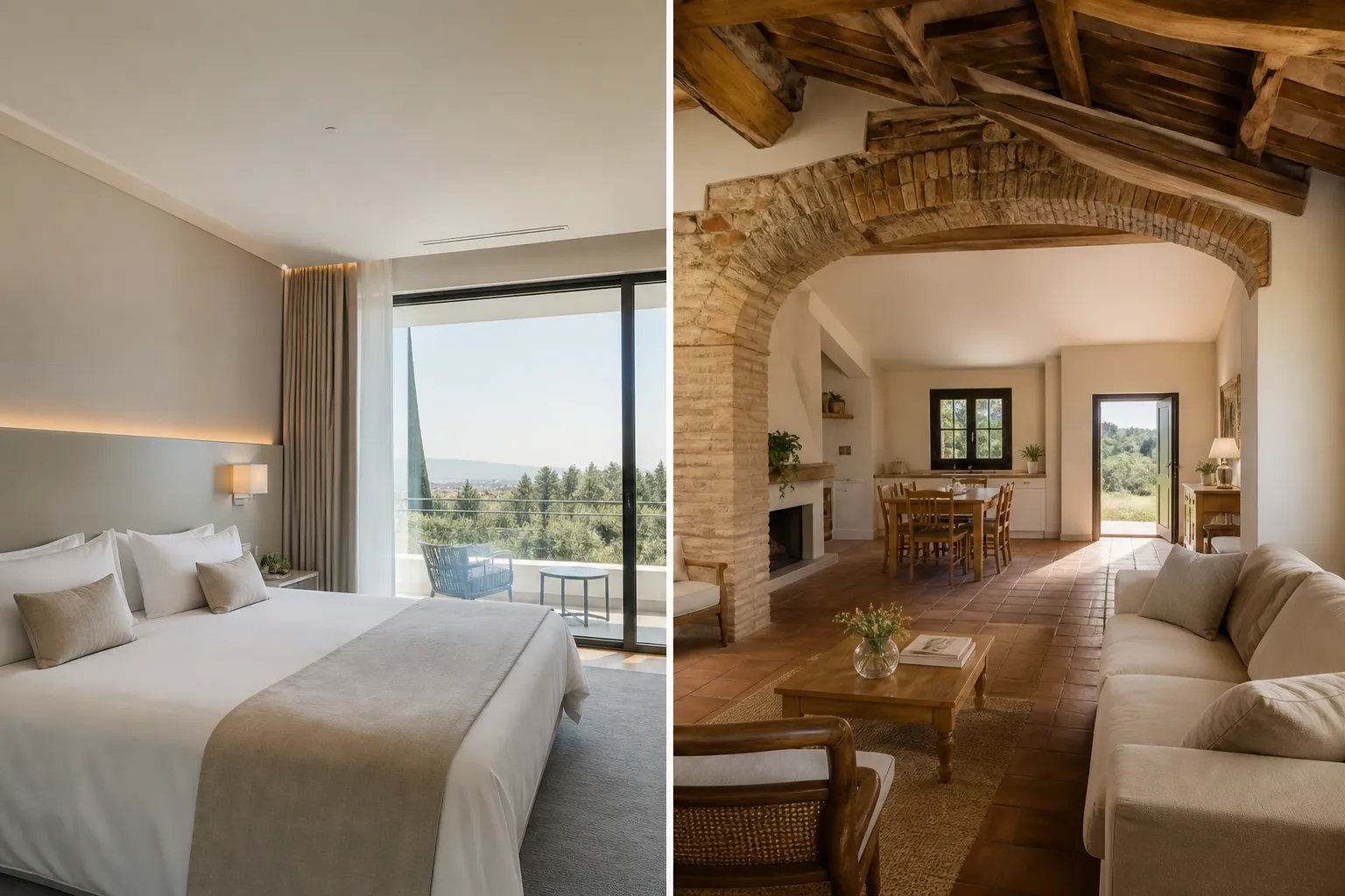 Side-by-side view of a clean hotel room and a clean Tuscan vacation rental