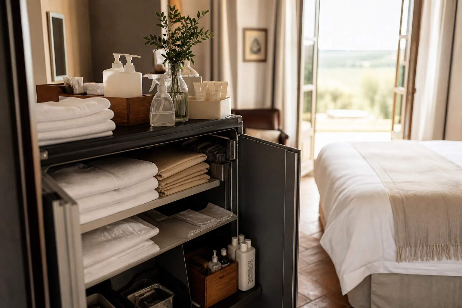 Cleaning cart with organised supplies inside a hotel room