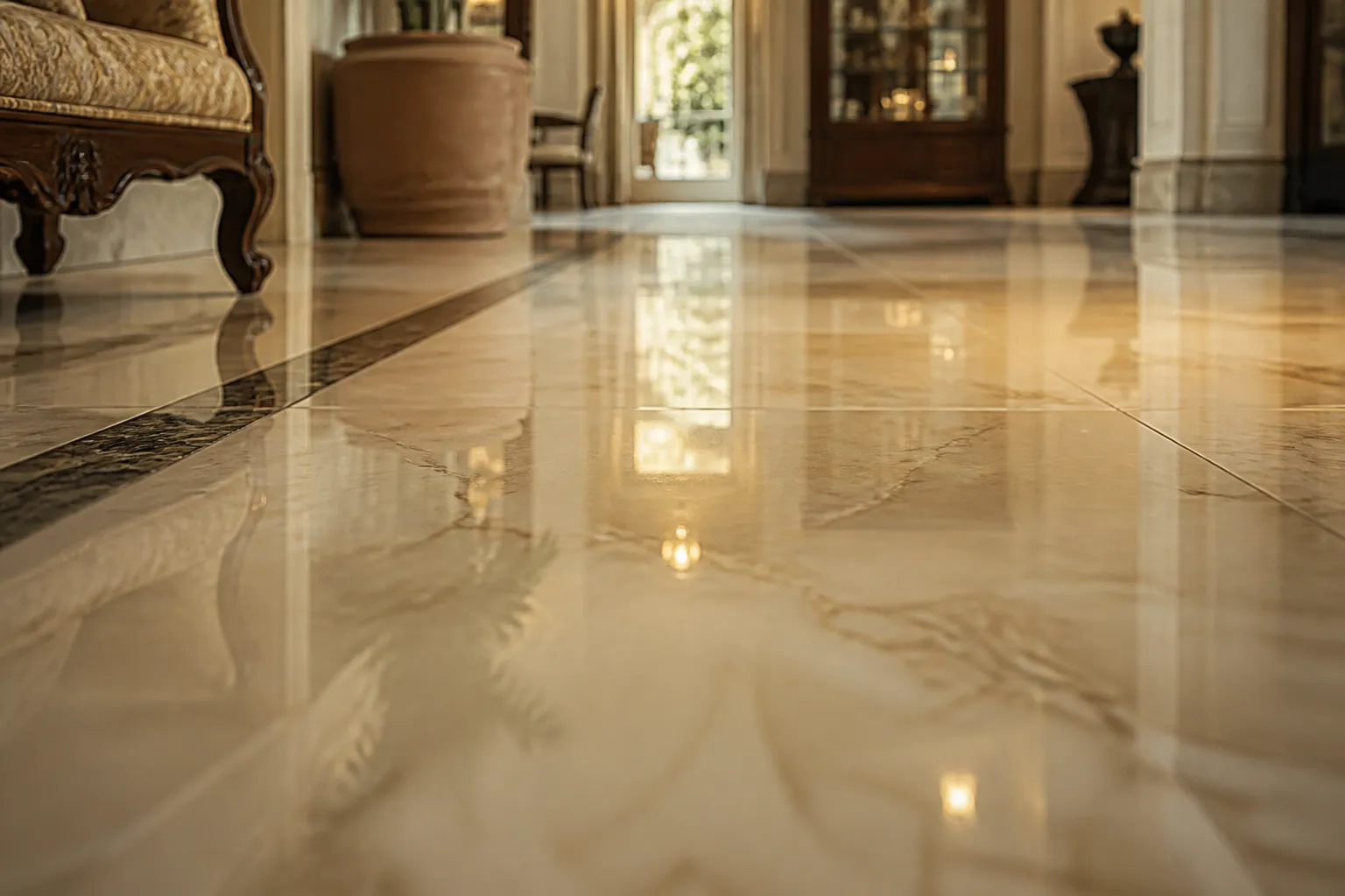 Polished marble floor in a hotel lobby