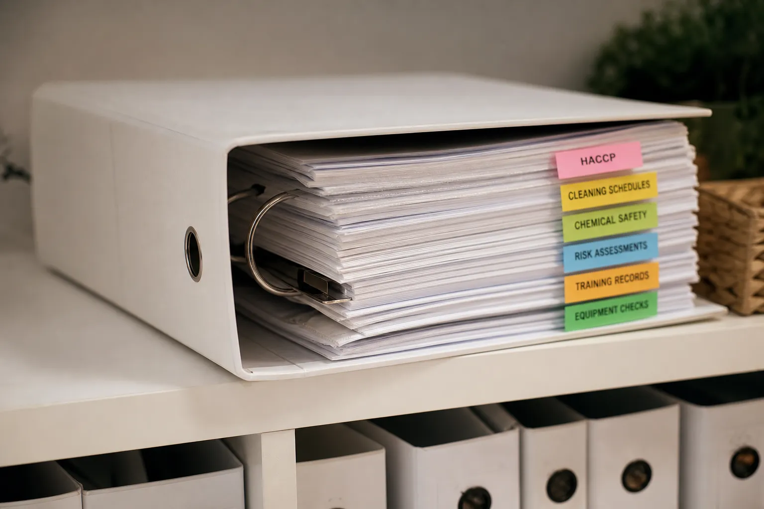 Binder of hygiene and safety documentation for a hotel
