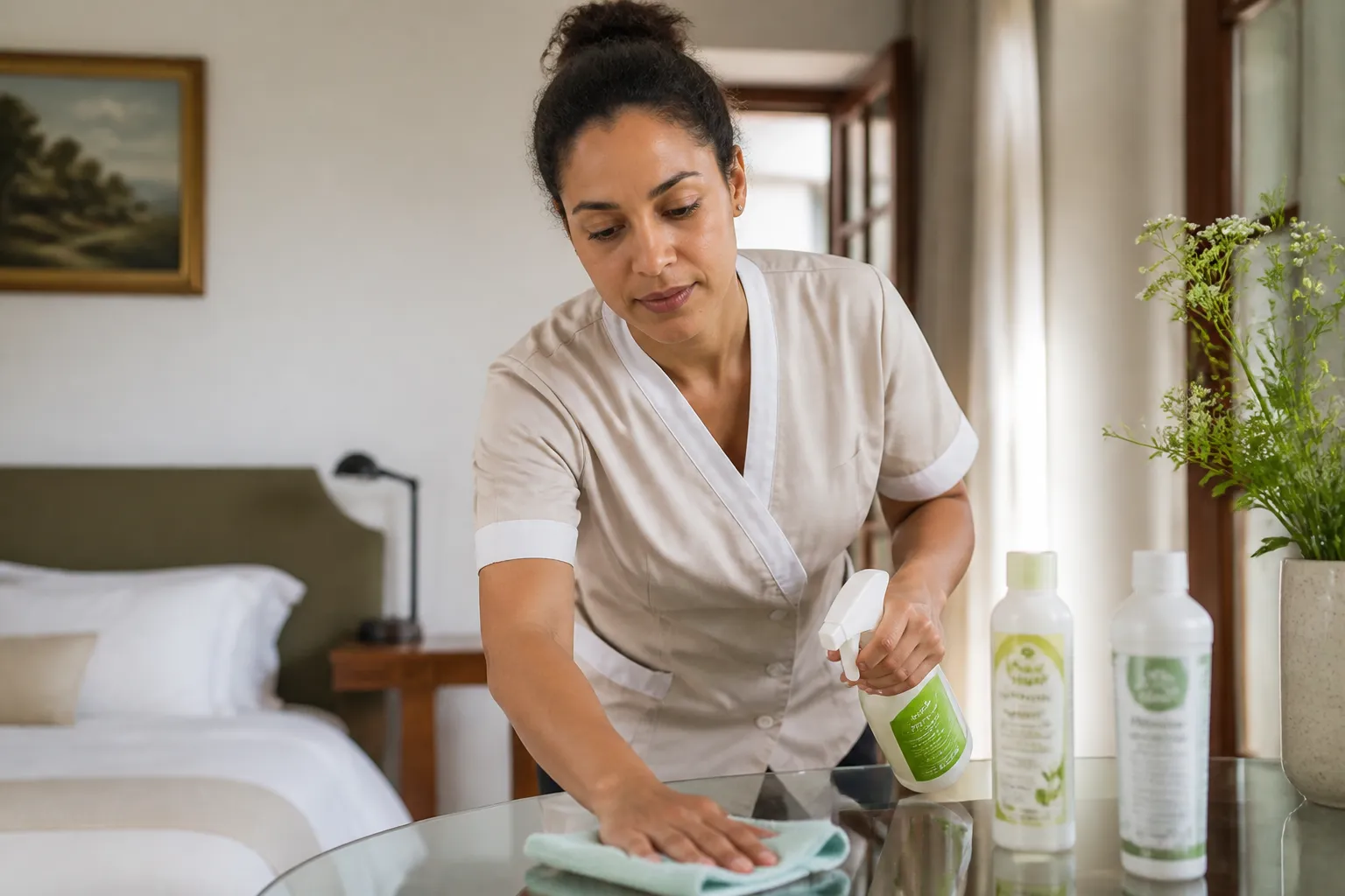 Cleaner using microfibre cloths and eco-friendly products in a hotel
