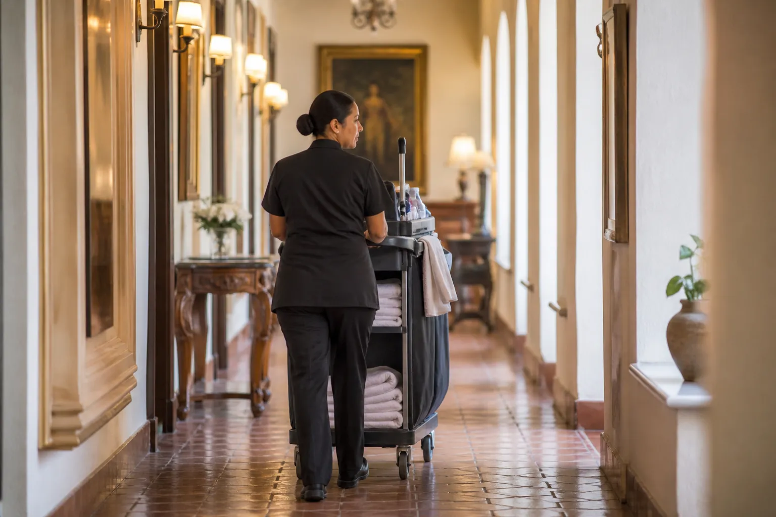 Hotel housekeeper at work in a hotel corridor