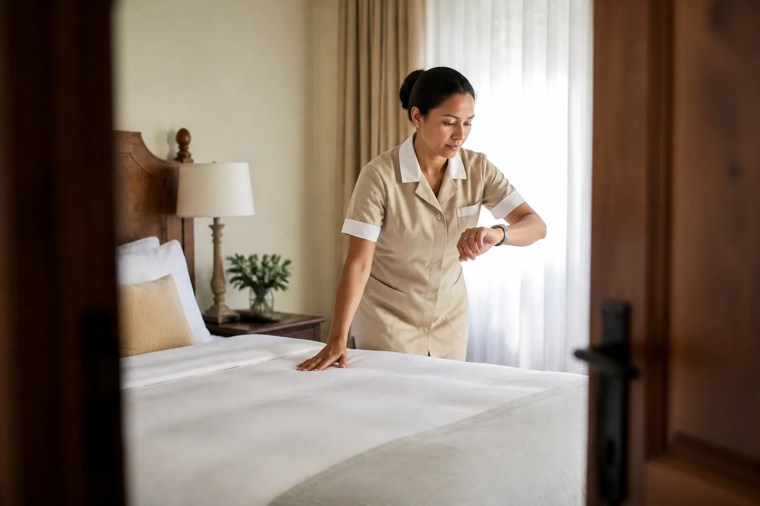 Housekeeper timing herself while making up a hotel room